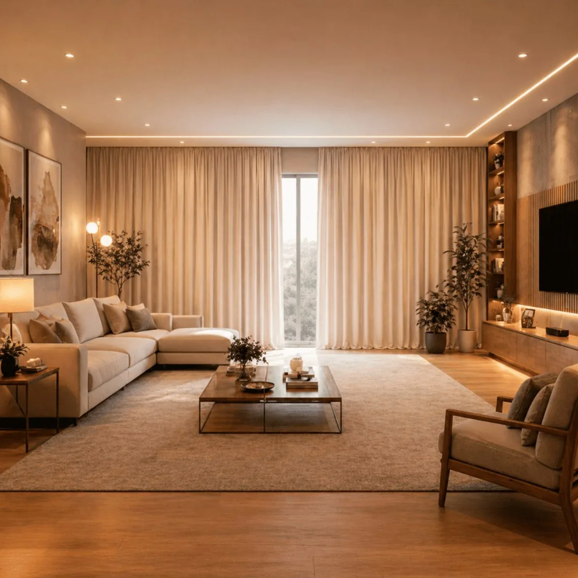 Woonkamer met gordijnen over de volle wand
